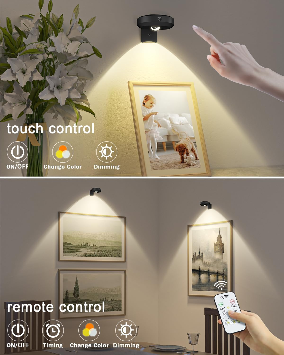 WILLED Rechargeable Picture Lights for Wall,1200Mah Battery Operated Picture Frame Lights,Puck Lights with Remote,Dimmable & Timer Art Lighting for Paintings Wireless,Magnetic Gallery Light image number 5
