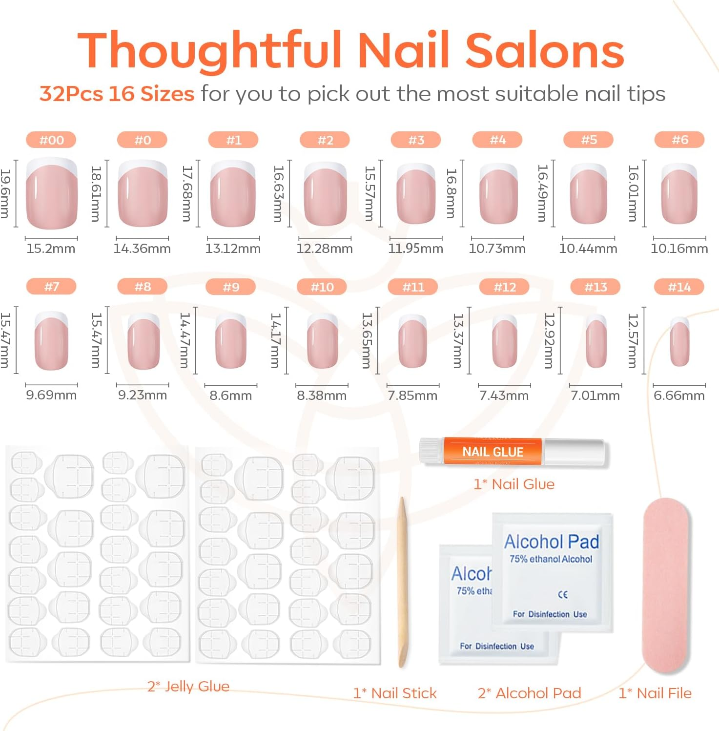 Modelones French Press on Nails, Short Square Fake Nails, Reusable Nail Kit with Nail Glue Adhesive Tabs Mini Nail File, Nails Press Ons 32Pcs 16 Sizes image number 1