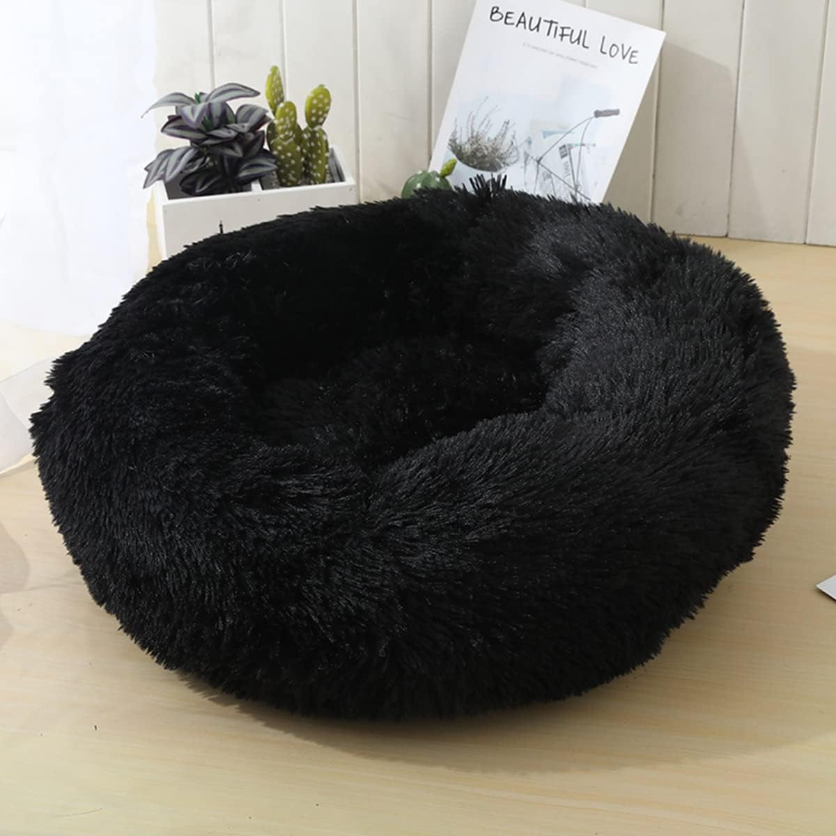 Dog Cat Bed, Donut Pet Bed for Small Dogs, Fluffy Cozy Self-Warming Improved Sleep Pet Cushion Beds, Anti-Slip Machine Washable Light Diameter16In