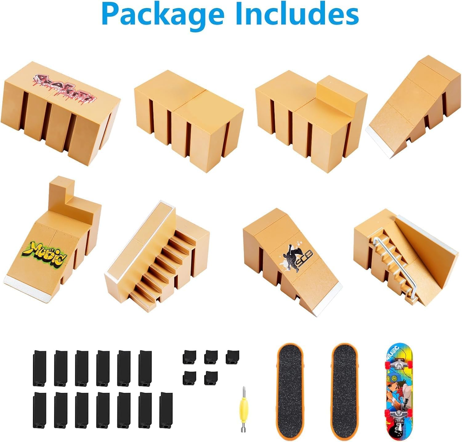 APEXORIGIN Fingerboard Skate Park Kit, Skateboard Finger Toys with 3 Finger Skateboards & 8 Skatepark Deck Ramp for Mini Finger Board Skate Training (Brown) image number 4