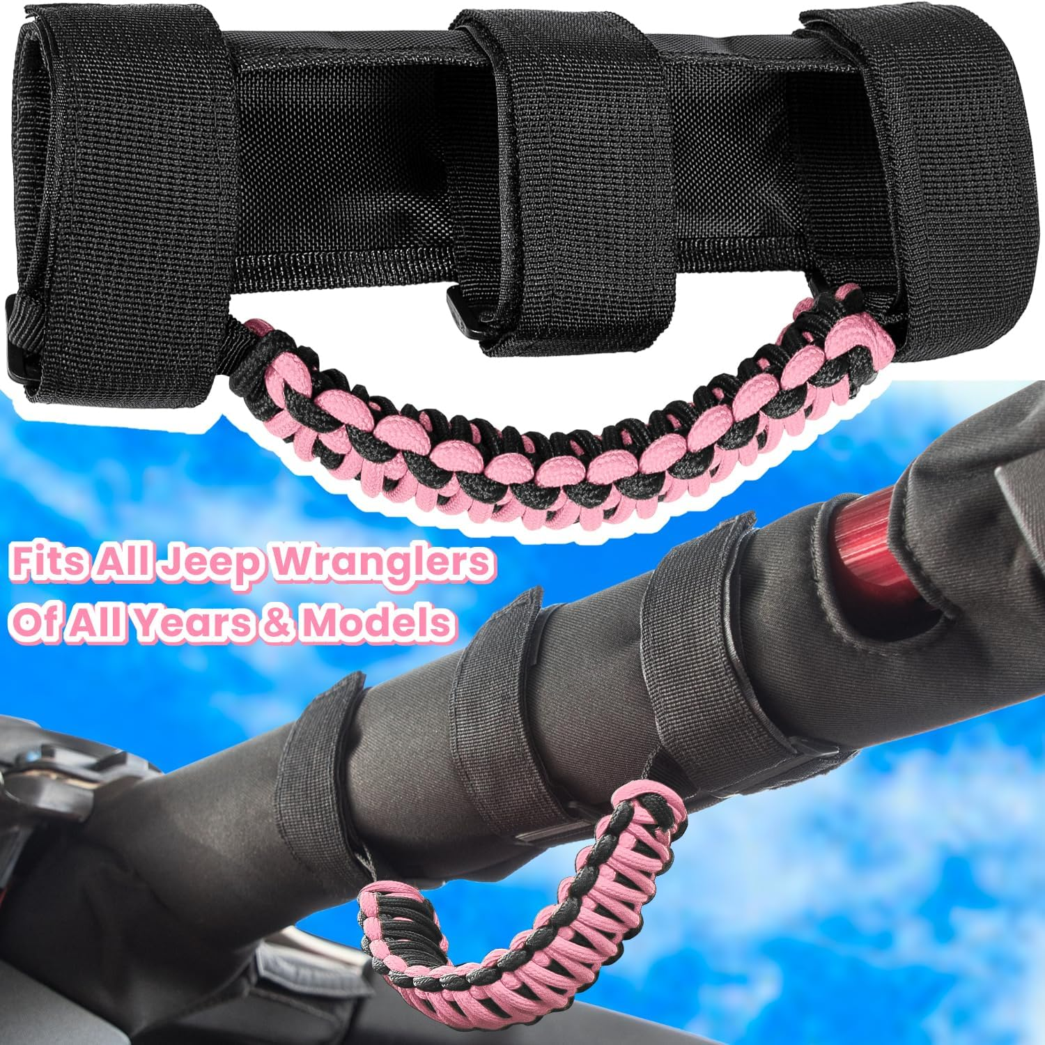 Roll Bar Grab Handles Grip Handle for Jeep Wrangler YJ TJ JK JKU JL JLU Sports Sahara Freedom Rubicon Unlimited X Gladiator JT 1955-2022 UTV ATV Premium Paracord (Pink 2PCS) - Blue image number 7