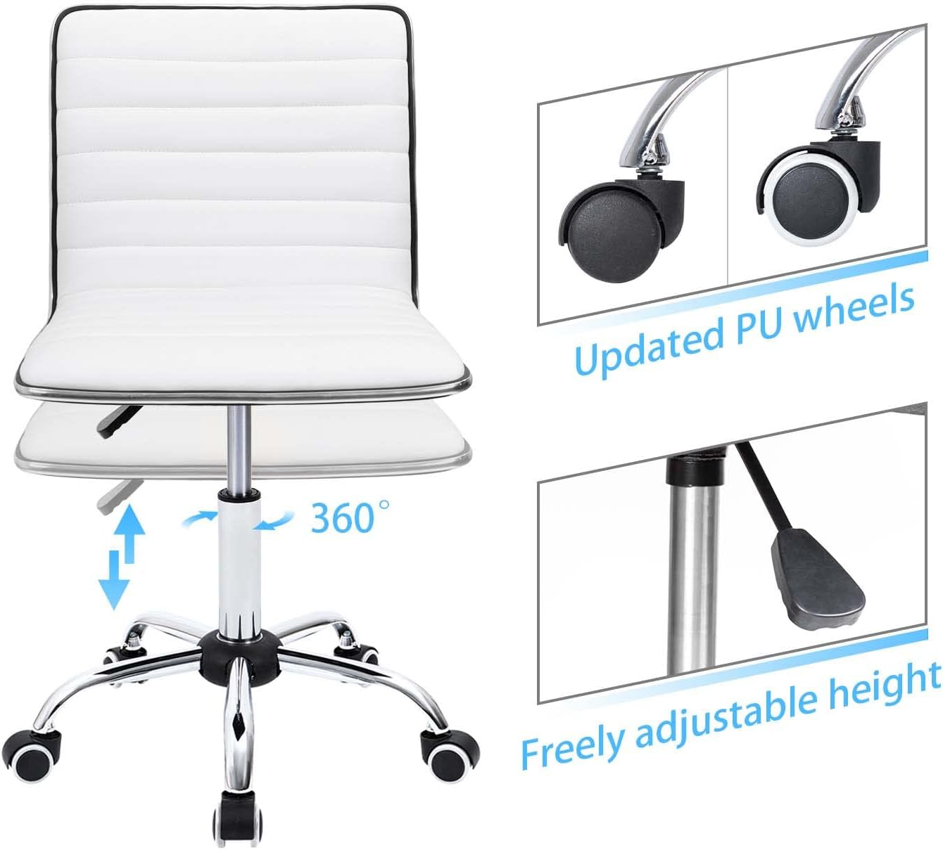 Furmax Mid Back Vanity Chair for Makeup Room, Low Back PU Leather Swivel Computer Desk, Task and Office Chair Retro with Armless Ribbed (White) - Brown image number 4