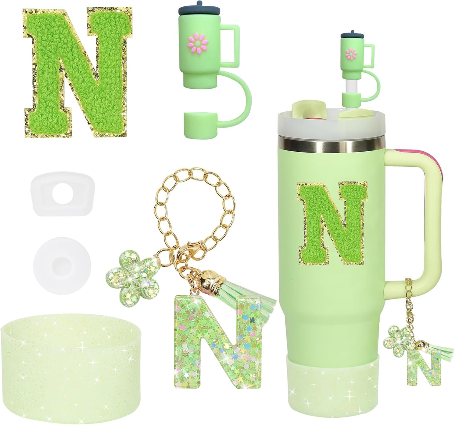 6PCS Cup Accessories Set for Stanley Cup 30Oz 40Oz Tumbler with Handle, Including Silicone Straw Topper Cover Cap and Boot, Spill Proof Stopper, Handle Charm, Initials Sticker(Green S) image number 6
