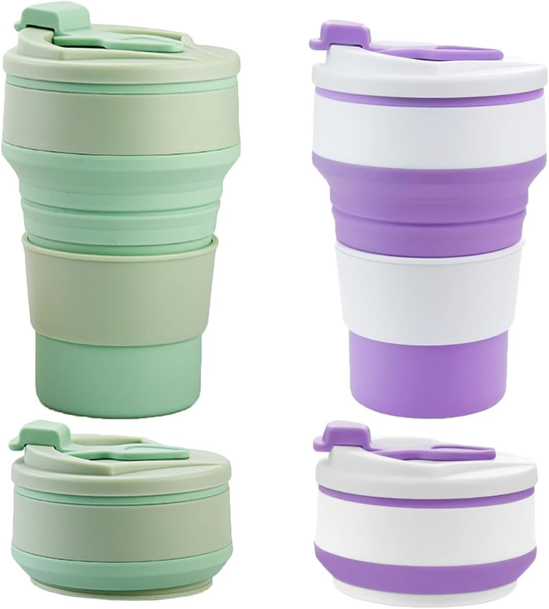 Pack of 2 Silicone Folding Cups, 350 Ml, Portable Folding Cup, Silicone Foldable Travel Cup, for Outdoor Picnics, Camping and Hiking (Green, Purple) image number 2