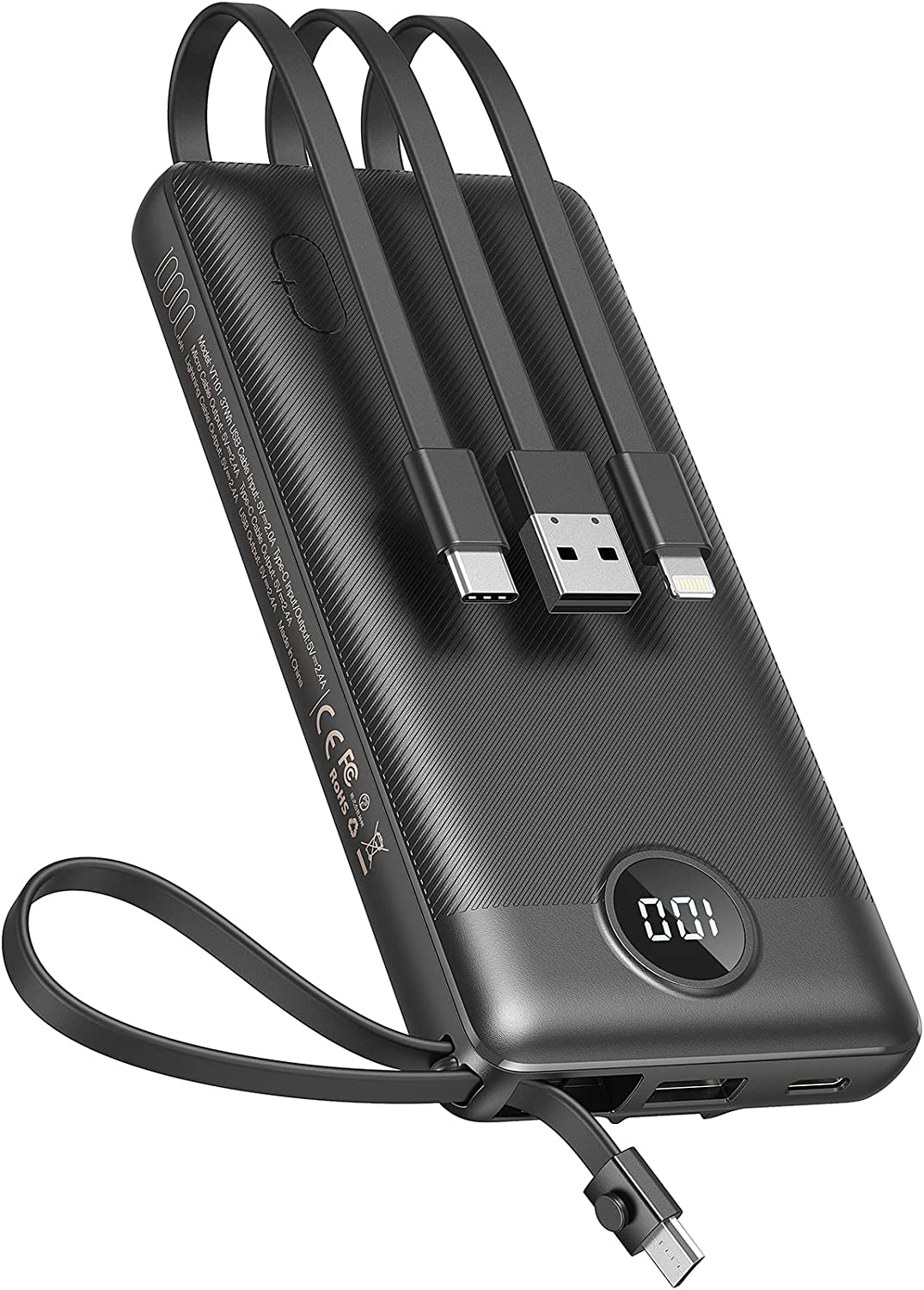 VEEKTOMX Power Bank 10000Mah, Portable Charger with Built-In Cables, USB C External Battery Pack with 5 Outputs and LED Display for Iphone/Ipad/Samsung Galaxy and More (Black)