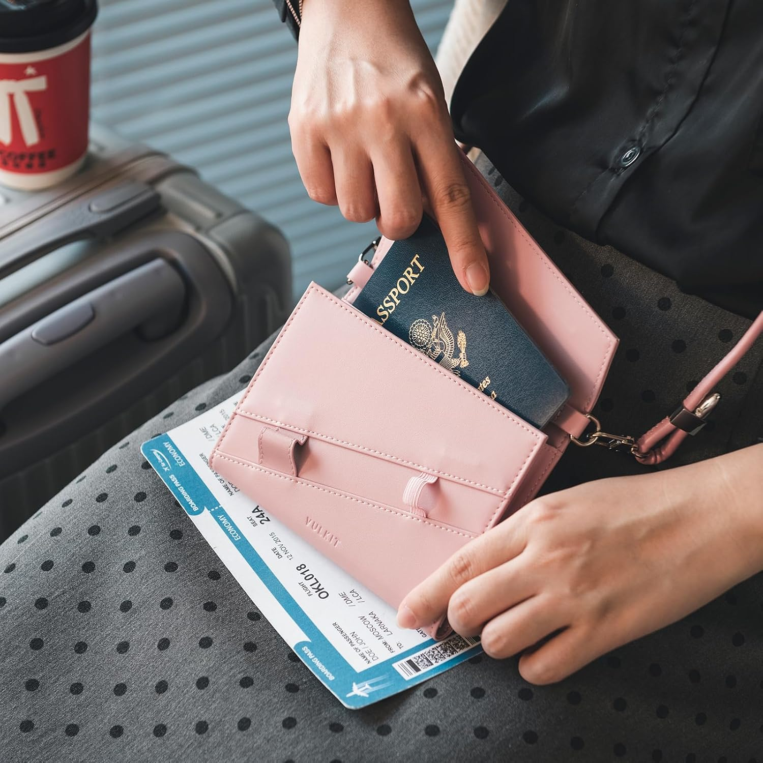 VULKIT Passport Holder Wallet for Travel, RFID Blocking Leather Passport Card Cover Case Travel Essentials with Lanyard for Men and Women Pink - Brown image number 2