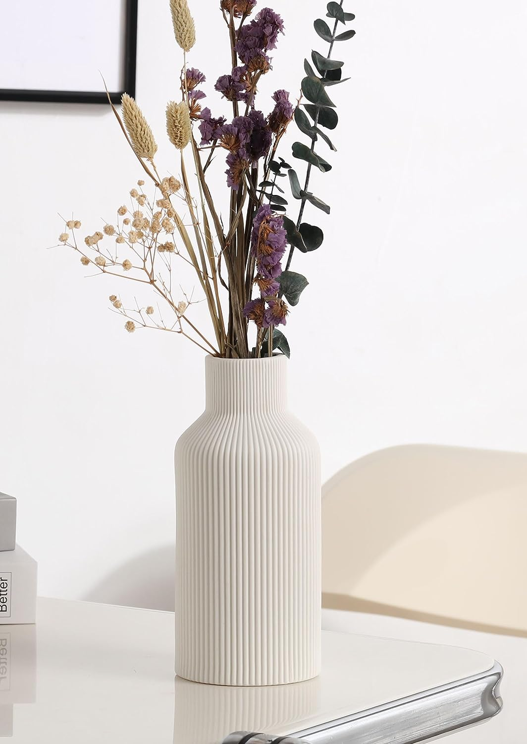 White Ceramic Flower Vase, Minimalist Modern Home Decor, Small Pampas Grass Vases for Table, Shelf Bookshelf, Mantel, Entryway and Centerpieces (8 In)