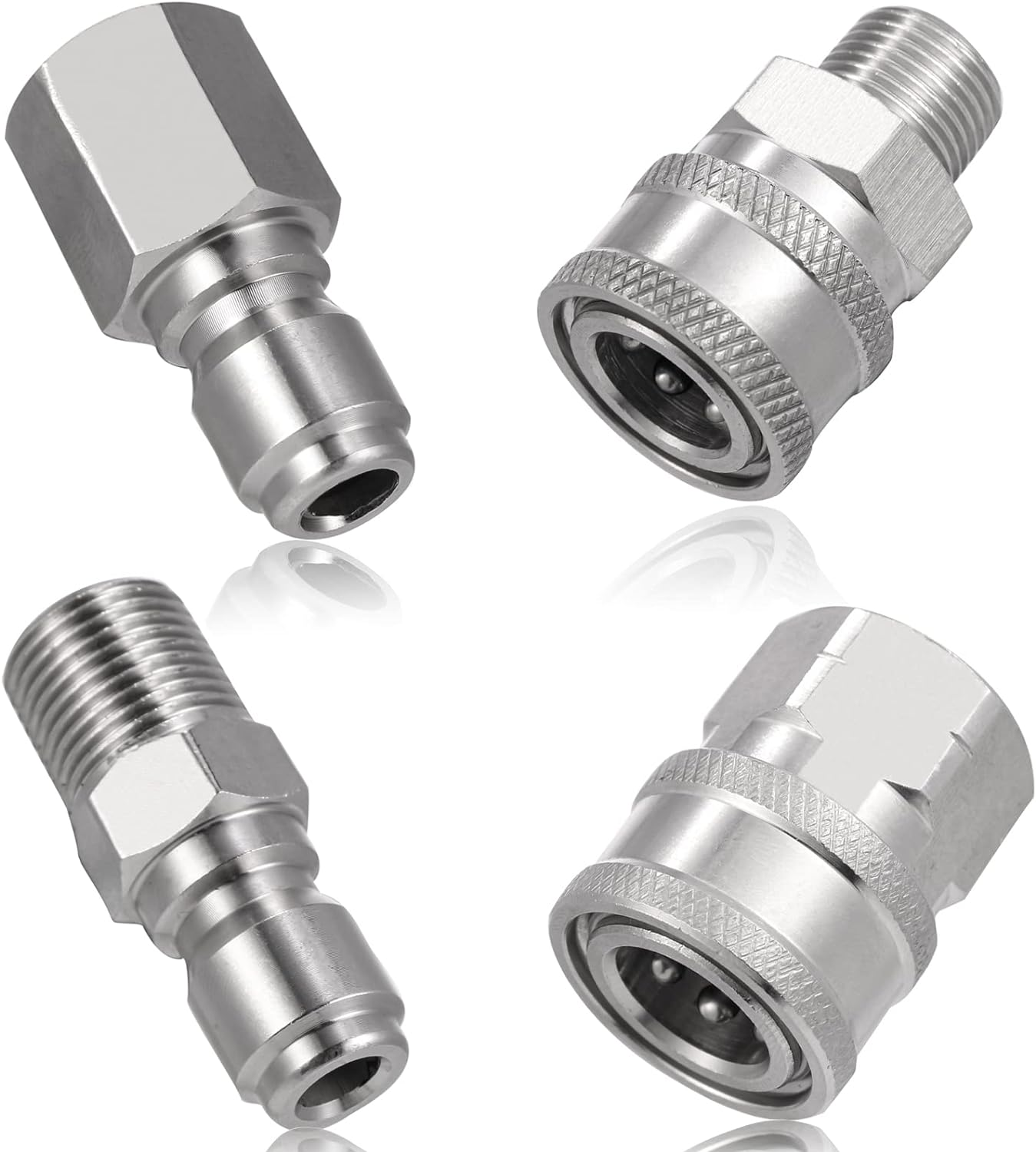 4 Sets NPT 3/8 Inch Pressure Washer Coupler Quick Connect Plug Stainless Steel Male and Female Quick Connect Fittings Pressure Washer Adapter Set (Internal Thread, External Thread)