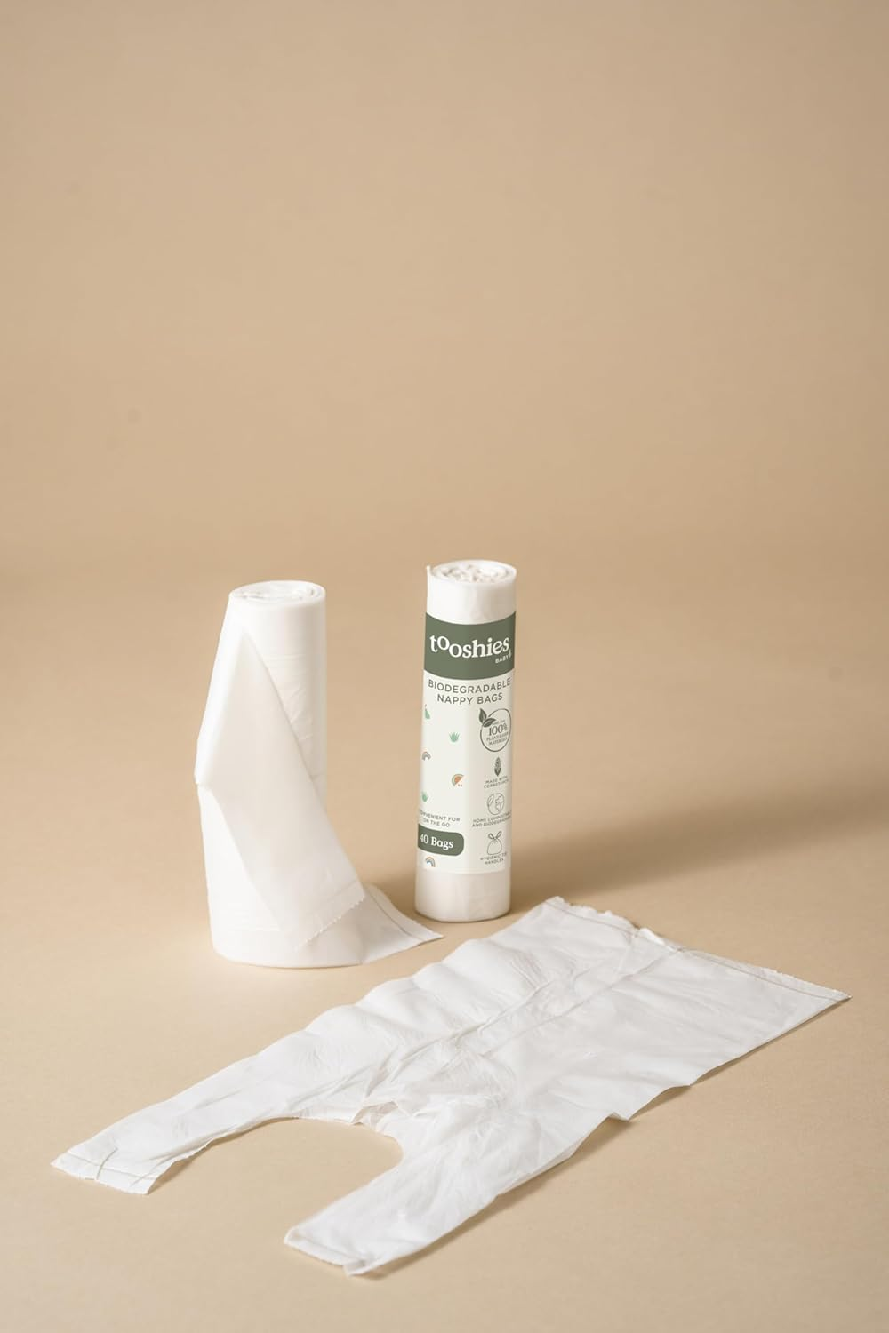 Tooshies Baby | Biodegradable Nappy Bags | Disposable | 100% Plant-Based | Fully Compostable | Hygienic Tie Handles | Minimal Packaging | 40Pk Roll image number 1