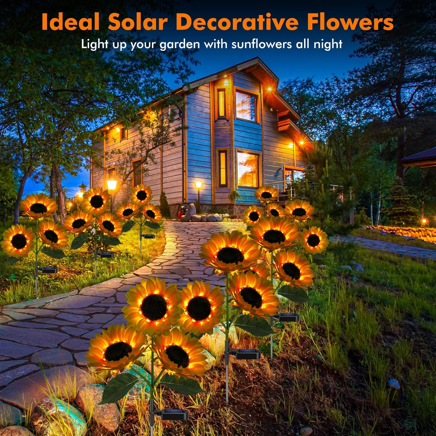 Solar Sunflower Lights, 800Ma Solar Garden Light with Real Looking Flowers Outdoor Waterproof Solar Stake Lights for Back Yard, Flower Bed, Pathway, Patio, Porch, Spring Decoration (2 Pack)