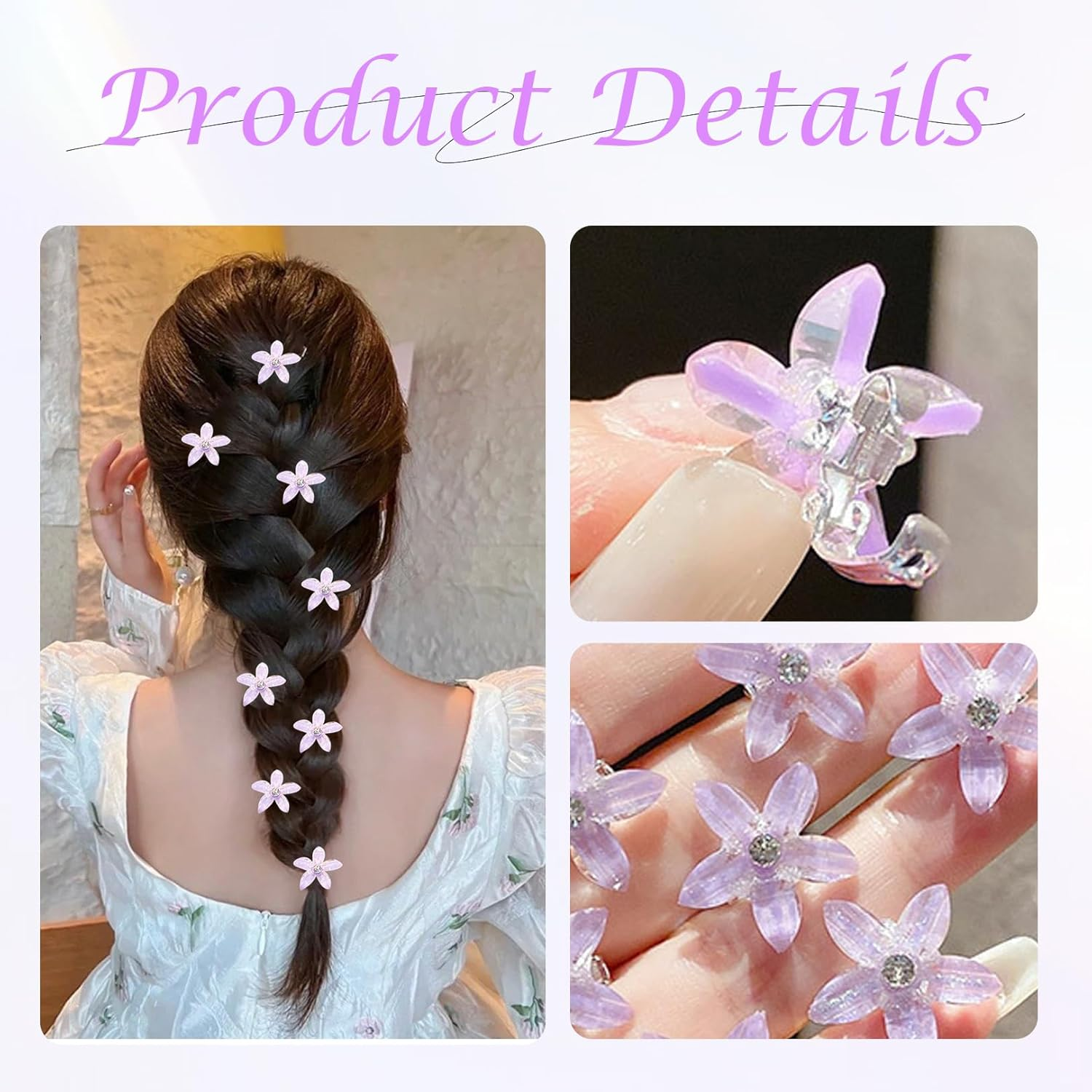 Pack of 10 Flower Hair Clips, Small Hair Clips, Girls' Hair Accessories with Rhinestones, Small Accessories Hair Clip, Flower Hair Accessories, Orchid Hair Clip Set, for Girls and Women (Purple) image number 1