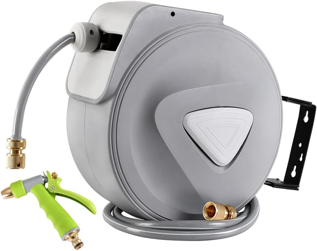 Retractable Hose Reel, 20M Garden Pressure Water Washer Spray Gun Auto Reels Hoselink Wall Watering Hoses Indoor Outdoor Retracting Storage, 180&deg; Swivel Mount Built-In Handle Rubber Stopper Grey image number 5