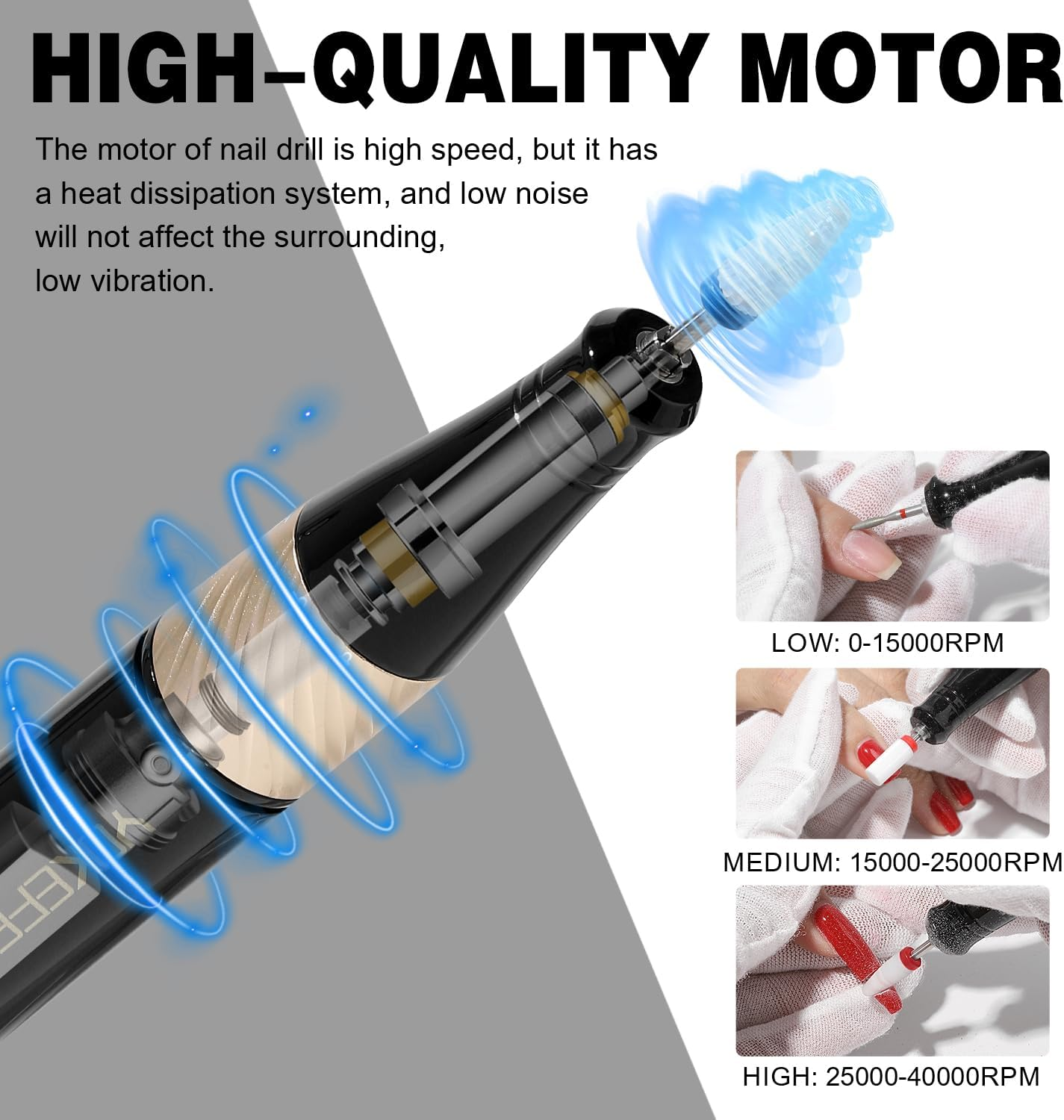 YOKE FELLOW Pngles Professional 40000RPM Portable Rechargeable Nail Drill with LCD Display and 12 Sanding Bits for Pedicure Manicure image number 3