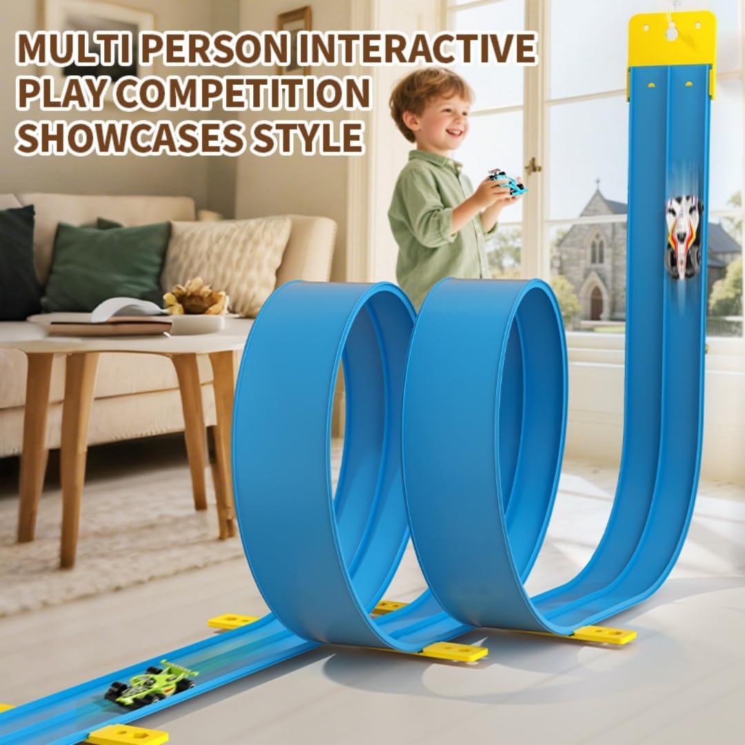 390CM Flexible Race Track Toys for Kids, Flex Race Car Set with 4 Toy Cars, with Suction Cups Compatible with Hot Wheels and Diecast 1/64Th Cars, Classic Long Rolls up Portable Racetrack, Blue image number 1