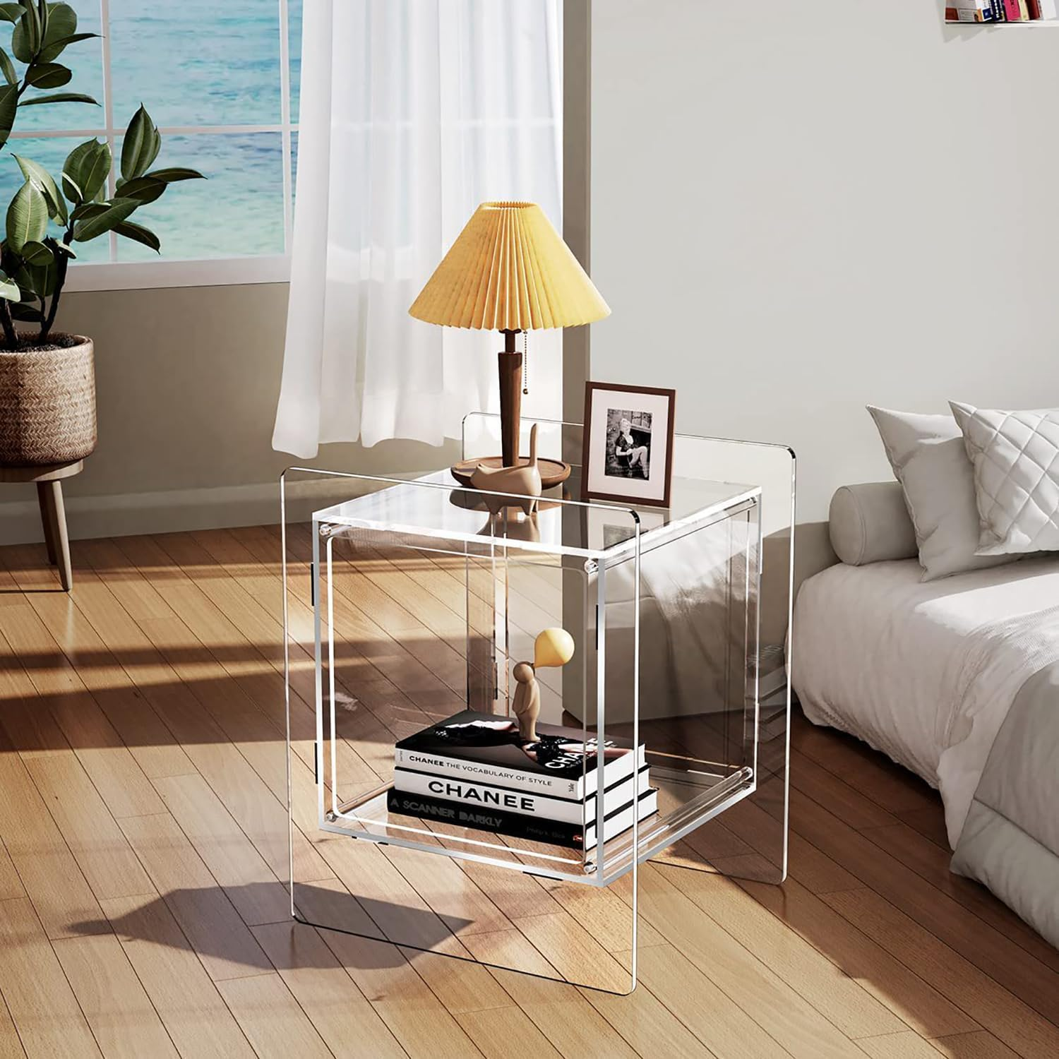 HOOMFIT Acrylic Nightstand with Open Storage Shelf, Creative Modern Side Table, Lightweight Side Table for Home Decor and Living Room (White) image number 5