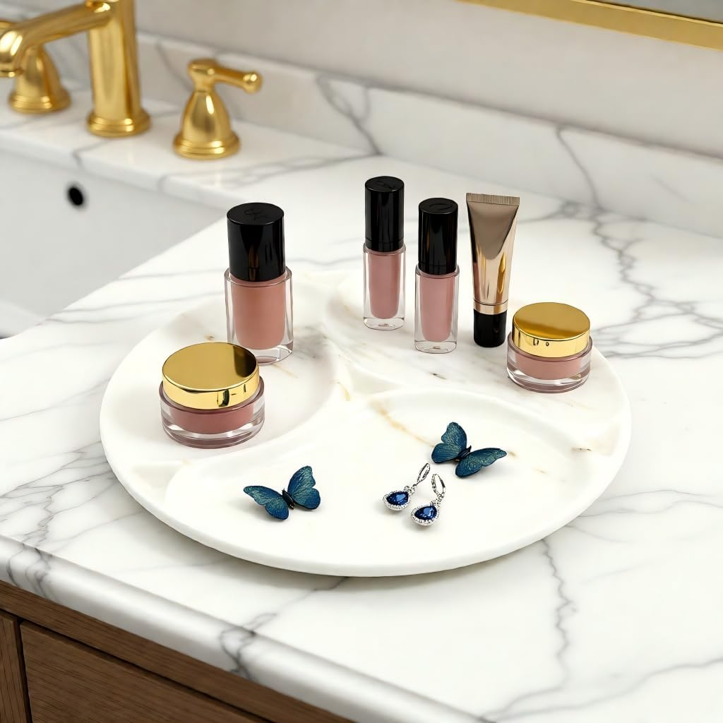 Marmor 100% Natural Marble Bathroom Tray for Perfume, Candles, Jewelry Stone Vanity, Bathroom & Kitchen Counter Organizer and Home Decor (Calacatta Gold Marble Grid Plate) - Calacatta Gold Marble Butterfly Grid Plate image number 7