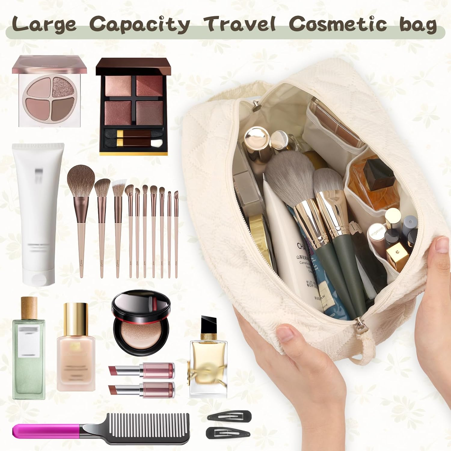 Makeup Bag, Quilted Make up Bag with Handle & Zipper, Lightweight Cosmetic Bag for Women Travel Toiletry Skin Care (Beige) image number 4