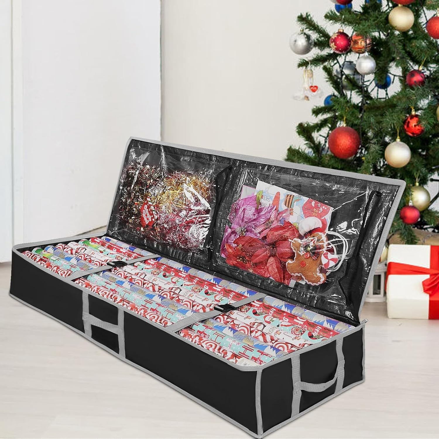 Wrapping Paper Storage Box, 104&times;36&times;16Cm Large Capacity Christmas Wrapping Paper Organizer Containers with Zipper Pockets, Foldable Gift Wrap Storage for Holiday Decorations (Black with Gray Trim) image number 6