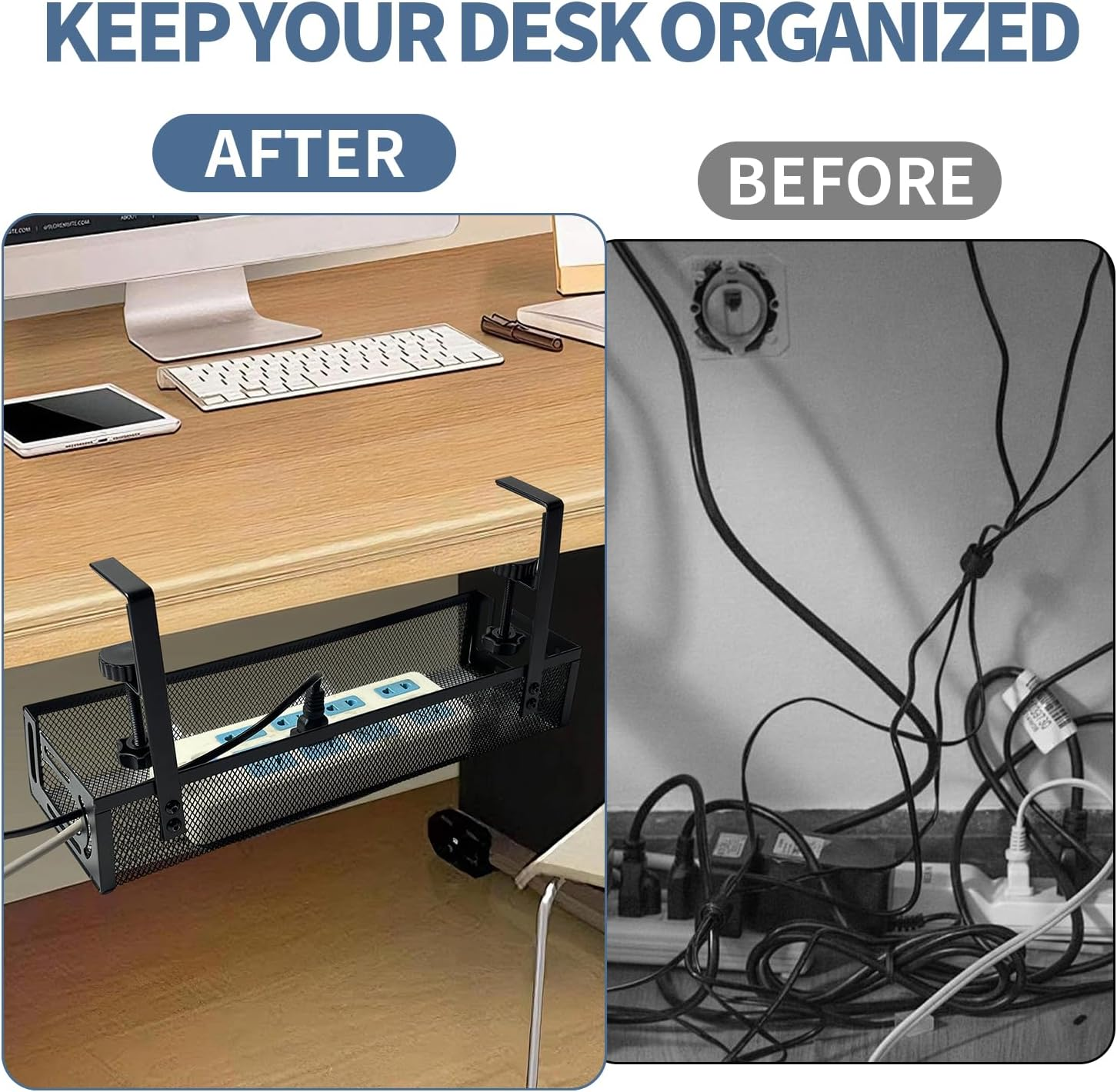 Under Desk Cable Management Tray No Drill, Metal Mesh with Clamp Mount, 2 Hole Wire and Cord Organizer for Home Office Standing Desk, Black