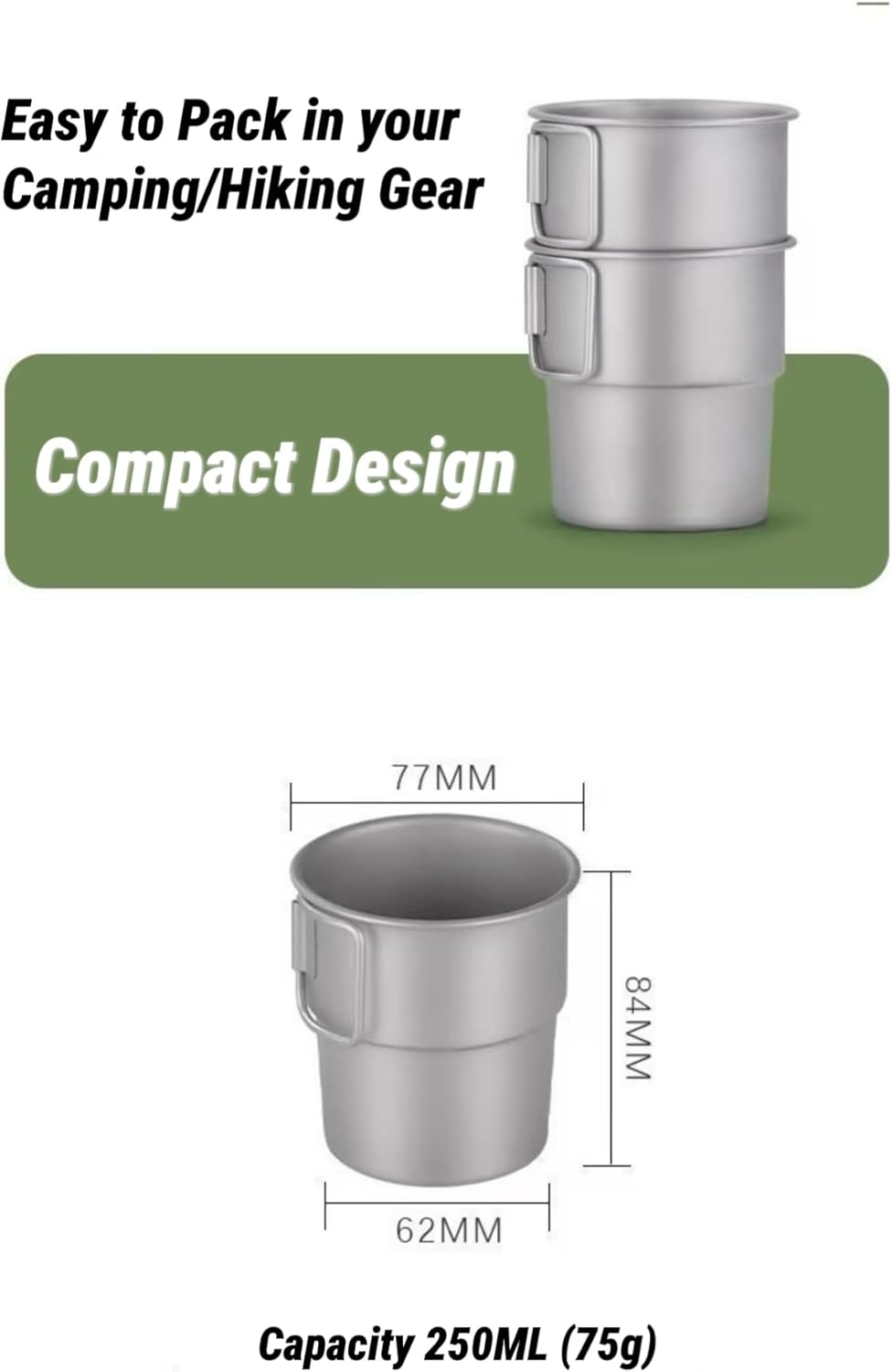 2-Pack 250Ml Titanium Camping Cup with Folding Handle for Hiking Camping Backpacking | Titanium Ultralight Mugs for Coffee, Tea and Drinks image number 4