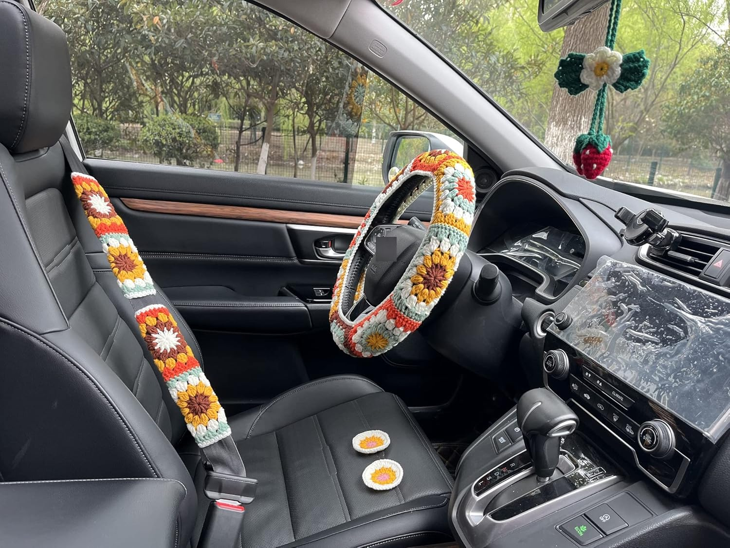 Steering Wheel Cover,Handmade Crochet Rainbow Sunflower Granny Square Steering Wheel Covers (Wheel Covers+2Belt Covers+2Car Coasters+Strawberry) image number 1