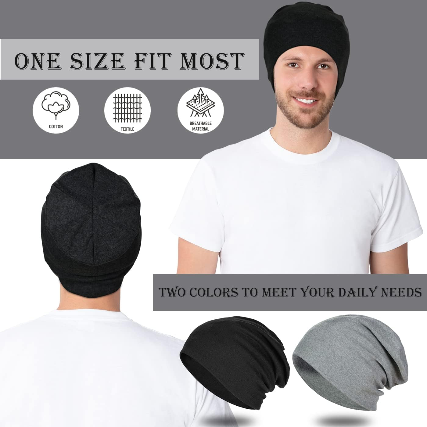 2 Pieces Soft Cotton Slouchy Beanie, Breathable Outdoor Beanie Hats Baggy Skull Cap Stretchy Chemo Hats for Men Women image number 1