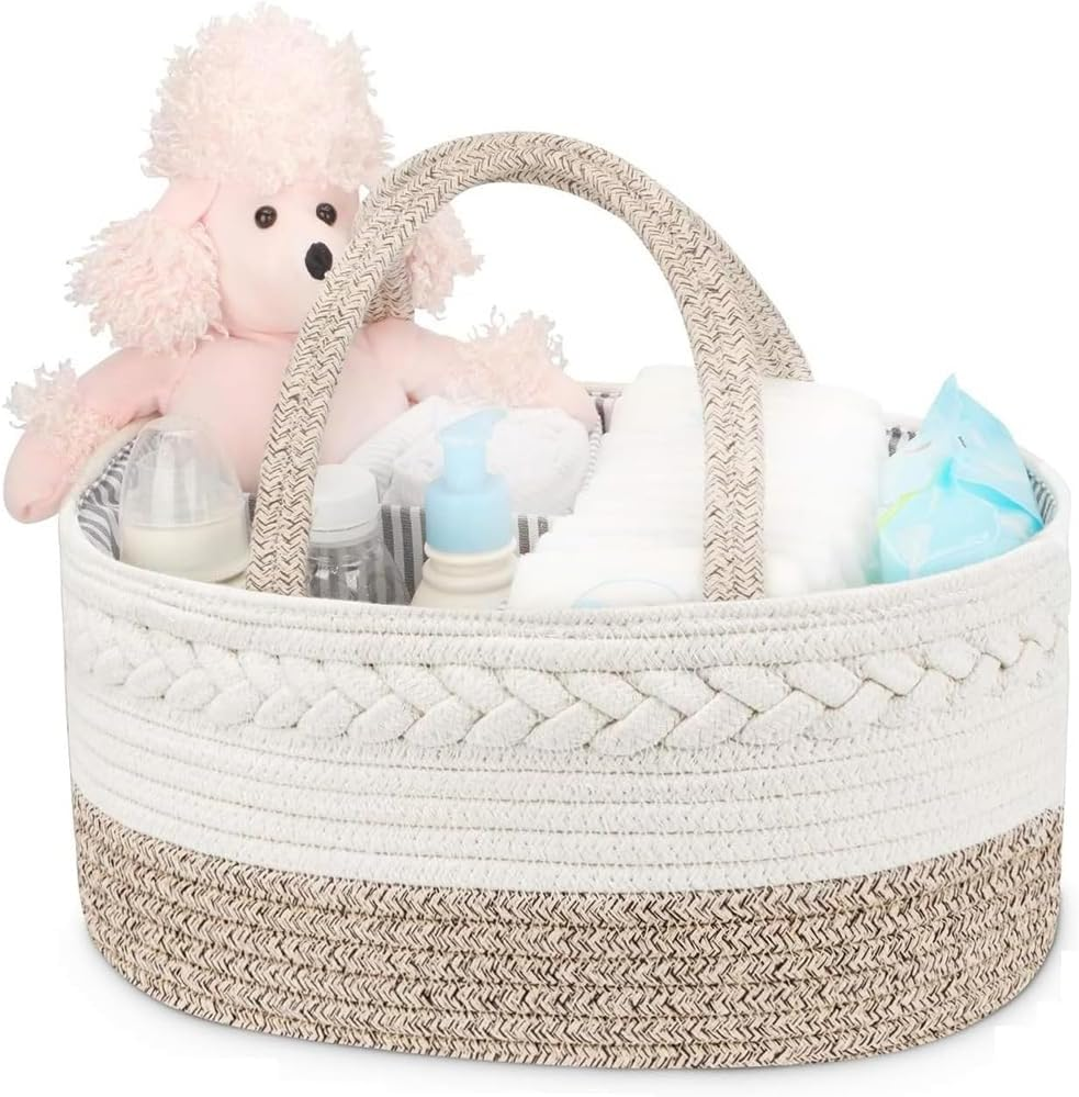 Baby Diaper Caddy Organizer, Foldable Cotton Rope Nursery Storage Basket, Portable Diaper & Wipes Holder for Changing Table, Car, Newborn Essentials image number 3