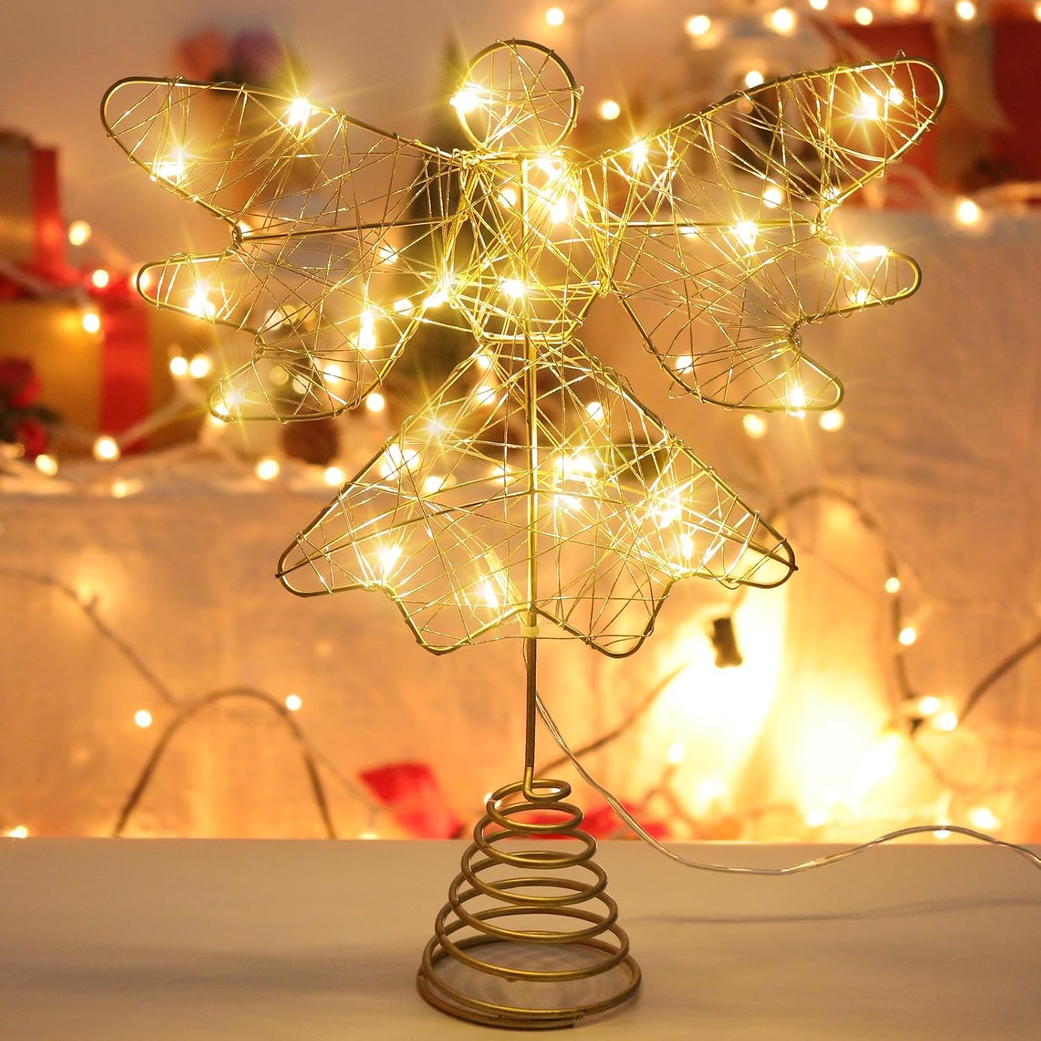 Augshy Gold Christmas Tree Topper Star with 20 Warm White LED Lights and Pearl Beads, Remote Control Star Tree Topper for Christmas Tree Decorations and Xmas Holiday D&eacute;cor (Gold Pearl Angel 20 LED) image number 1