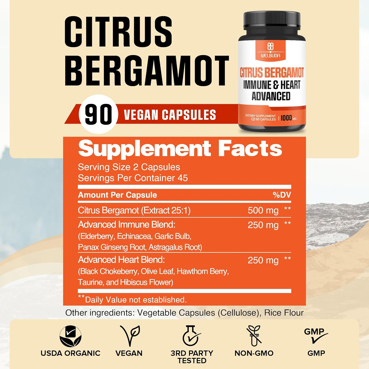 Citrus Bergamot Capsules with Advanced Immune Blend Elderberry, Echinacea, Garlic Bulb, Olive Leaf, Astragalus & Heart Blend Black Chokeberry, Olive Leaf, Hawthorn, Garlic and Hibiscus - 90 Pills image number 6