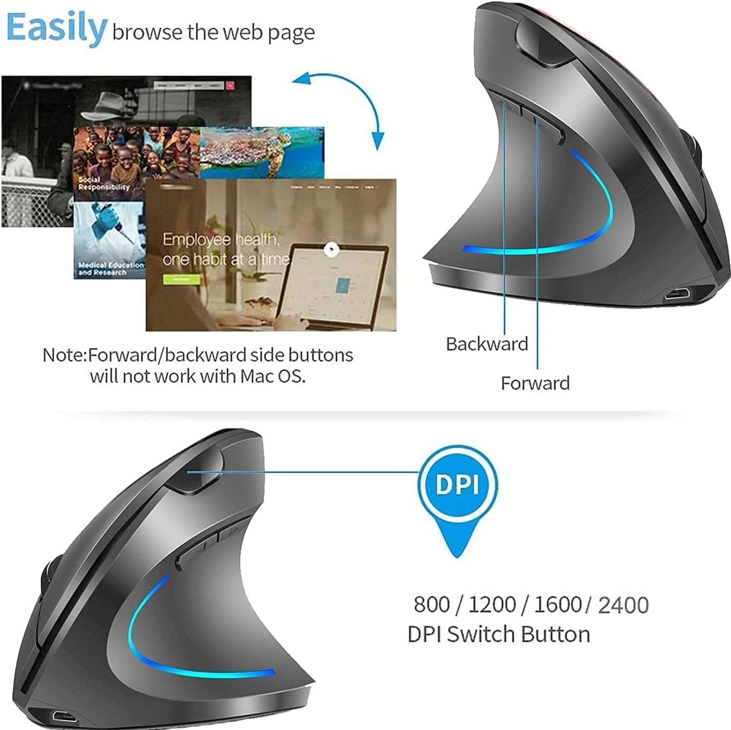 Vertical Mouse, Right Handed 2.4Ghz Wireless Ergonomic Rechargeable Vertical Mouse with 4 Adjustable DPI 800/1200/1600/2400, 6 Buttons,Compatible with PC, Desktop,Mac (Grey) image number 5