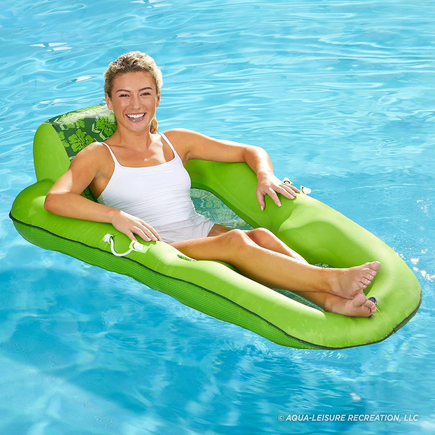Aqua Leisure Luxury Water Lounge, X-Large, Inflatable Pool Float with Headrest, Backrest & Footrest, Lime Floral Trip Print, (L X W): 63 X 36 image number 4
