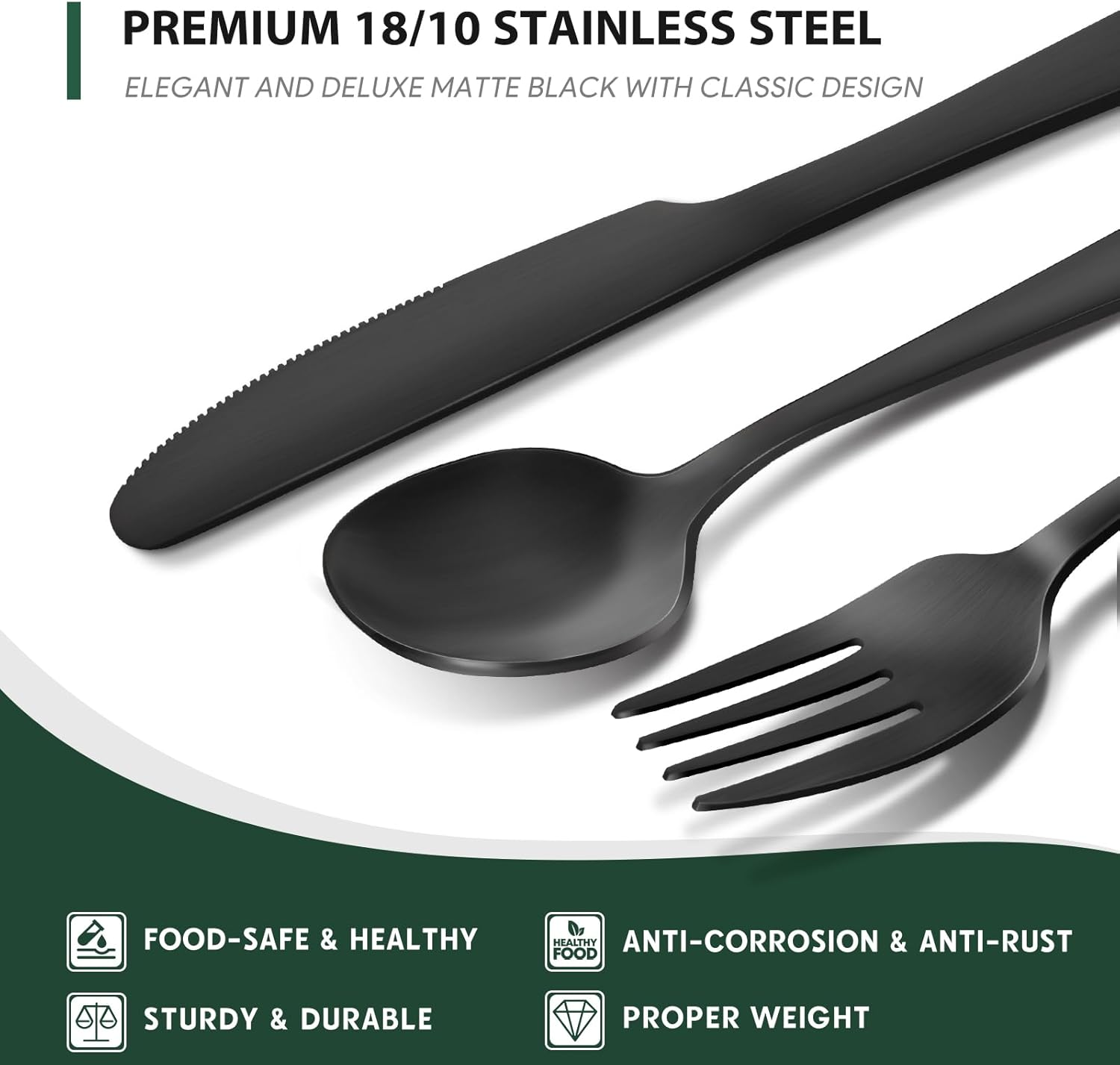 Hiware 48-Piece Matte Black Silverware Set with Steak Knives, Black Flatware Set for 8, Stainless Steel Tableware Cutlery Set, Utensil Sets for Kitchen, Hand Wash Recommended image number 5
