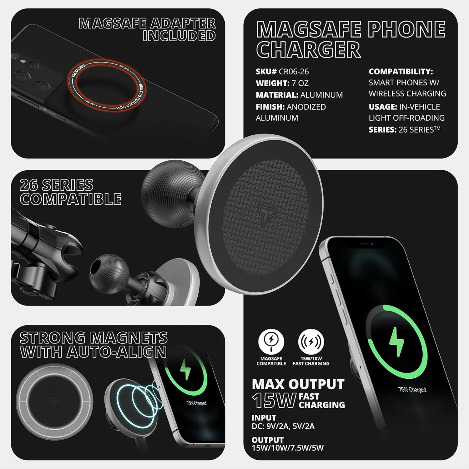 Tackform 26 Series High Strength Magnetic Wireless Charging Phone Holder - Compatible with Magsafe, RAM Mounts, and 1" / B Size Ball Systems