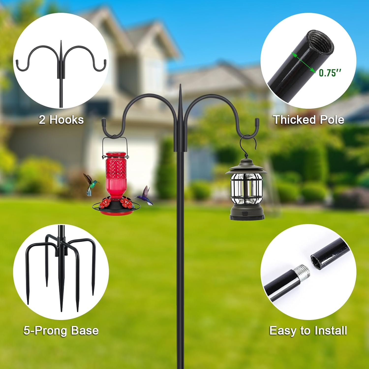 FEED GARDEN Adjustable Double Shepherd Hook for Outdoor with 5 Prong Base 75 Inch Heavy Duty Two Sided Bird Feeder Pole for Hanging Plant Baskets, Solar Light Lanterns, Wind Chimes 2 Pack image number 5
