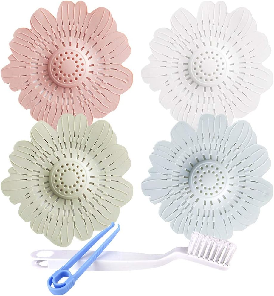 Daily Treasures 4Pack Drain Hair Catcher, Colorful Flowers Shape Hair Stopper Drain Protector Covers with 1Pcs Cleaning Brush-Easy to Install and Clean Suit for Bathroom Bathtub Laundry Kitchen Filter image number 4