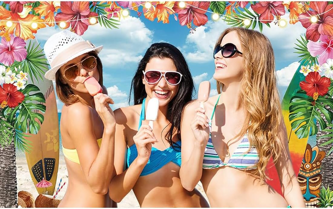 7X5Ft Summer Hawaiian Beach Backdrop for Photography, Tropical Flower Luau Hawaiian Party Decorations, Background Tropical Luau Photo Backdrop Aloha Blue Sky Ocean Palm Leaves image number 4