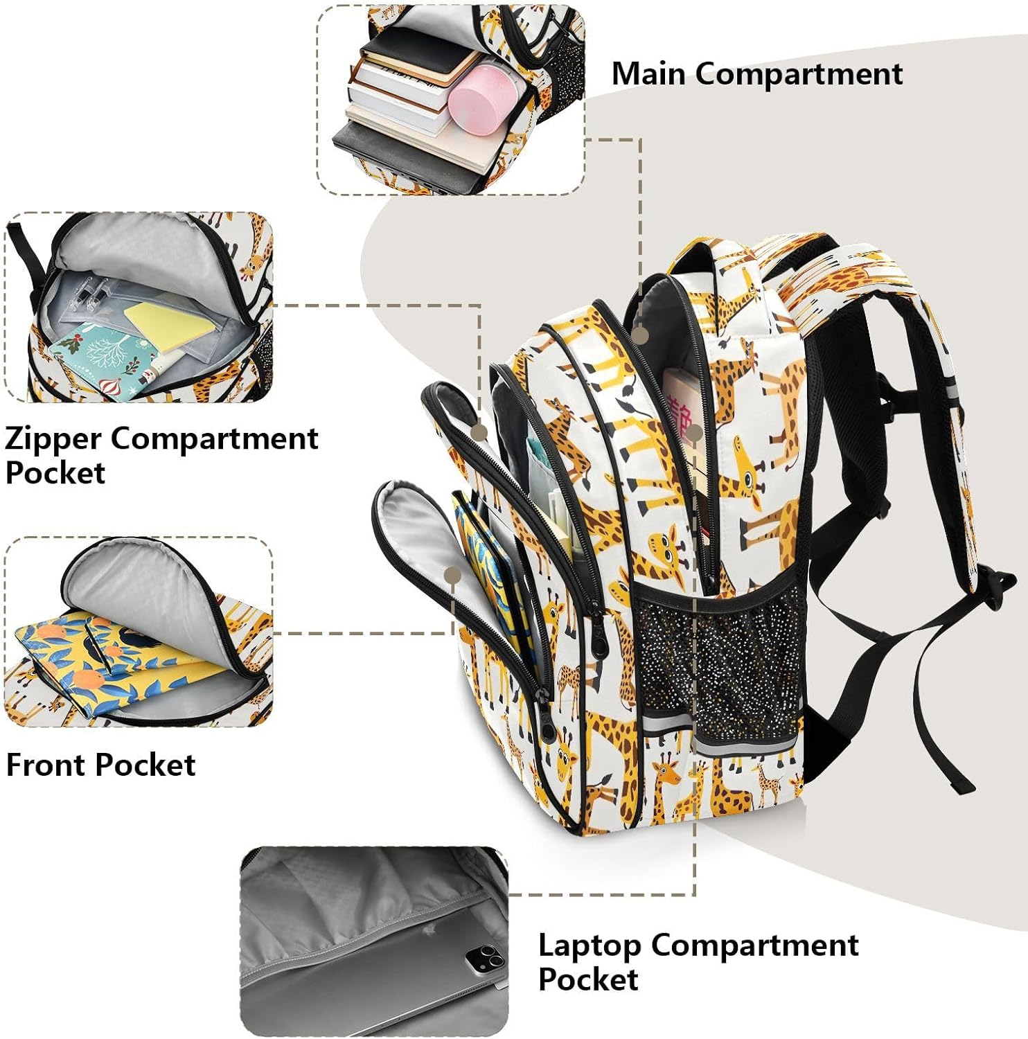 RPLIFE 15 Inch Kids Backpack for School, Playful Giraffes White Lightweight Backpack for Kids image number 4