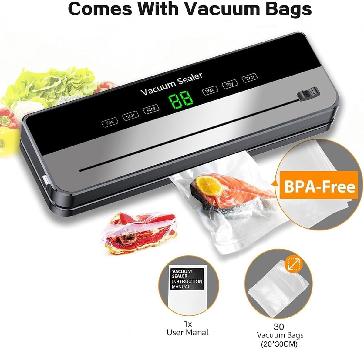 Vacuum Sealer Machine, 5 in 1 Food Vacuum Sealer Machine with Build-In Cutter Automatic Air Sealing System Smart Touchscreen for Food Storage Dry and Moist Food Modes with 30Pcs Seal Bags Kit image number 3