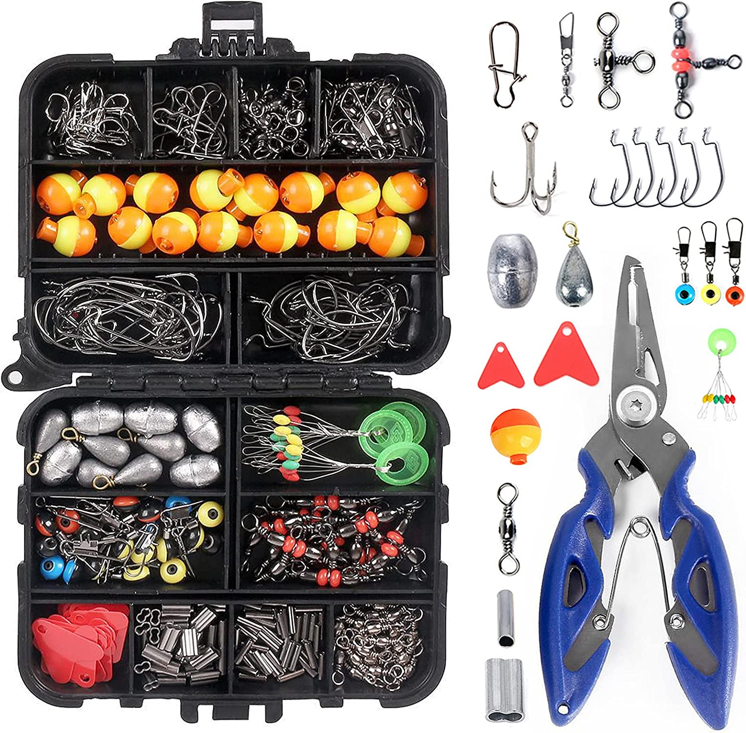 Eacam 263Pcs Fishing Accessories Kits with Tackle Box Saltwater Freshwater Including Jig Hooks, Cross Barrel Swivel, Barrel Snap Swivel, Sinker Slides, Lead Sinker, Treble Hooks