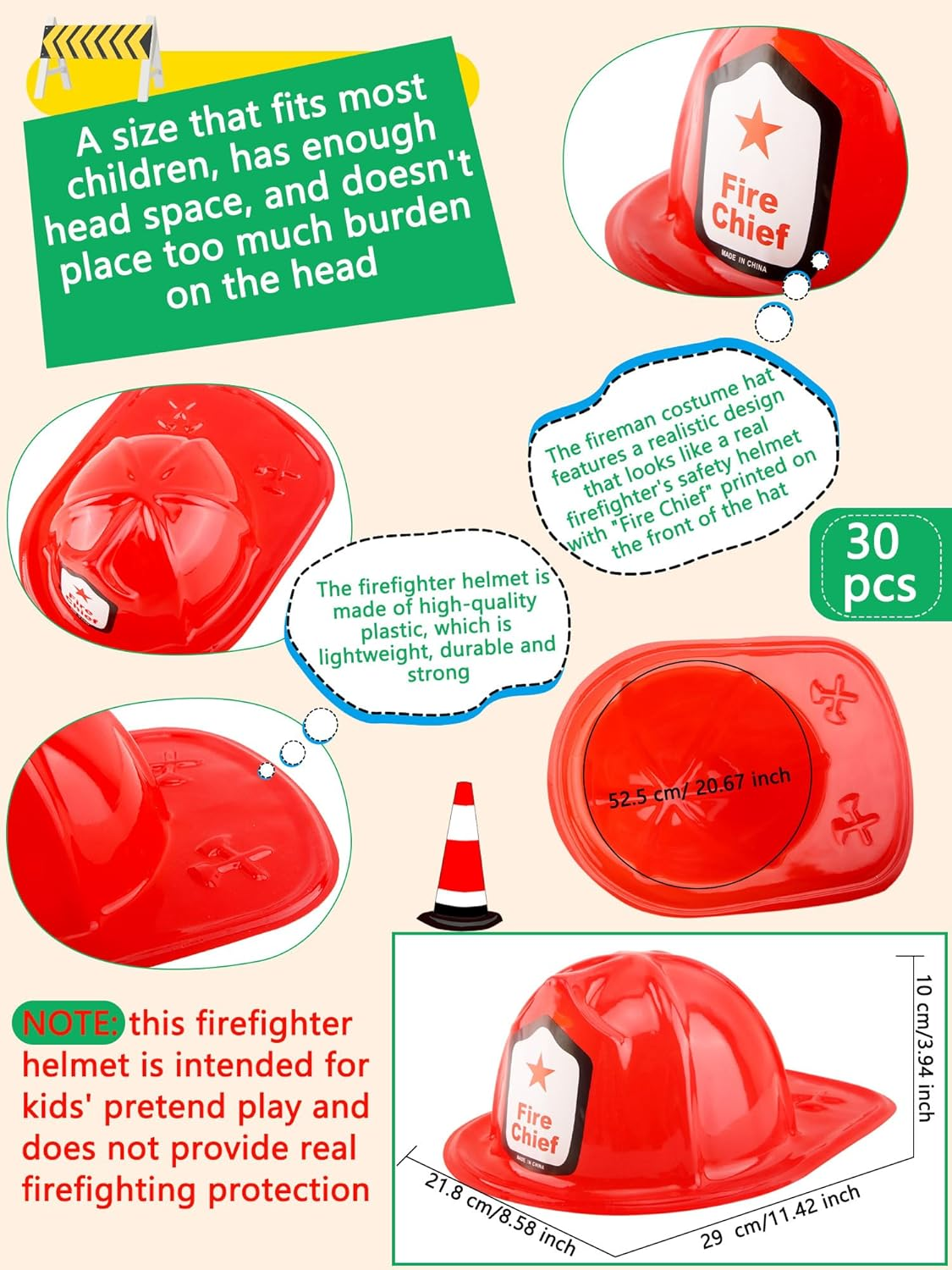 30 Pack Kids Firefighter Hat Bulk Plastic Firefighter Helmet Fire Chief Hard Hat for Boys Girls Halloween Cosplay image number 3