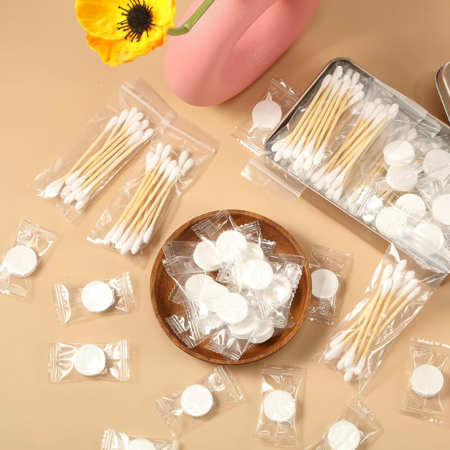 1000 Travel Cotton Swabs Individually Packaged Double Headed Cotton Swabs and 200 Compressed Towels Portable Disposable Mini Compressed Towels Suitable for Travel Hotel Makeup Care image number 6