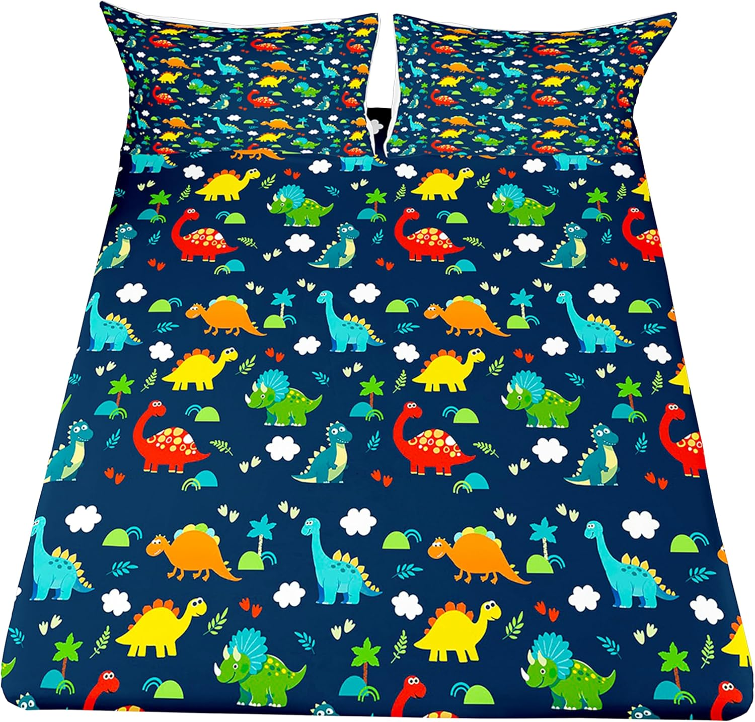 Dinosaur Fitted Sheet Queen Size Kids Bedding Set Cartoon Dinosaur Fitted Sheet for Boys Children Colorful Bedroom Decor Ancient Jungle Animals Bed Cover Tropical Hawaiian Palm Leaf Bed Set Blue image number 4