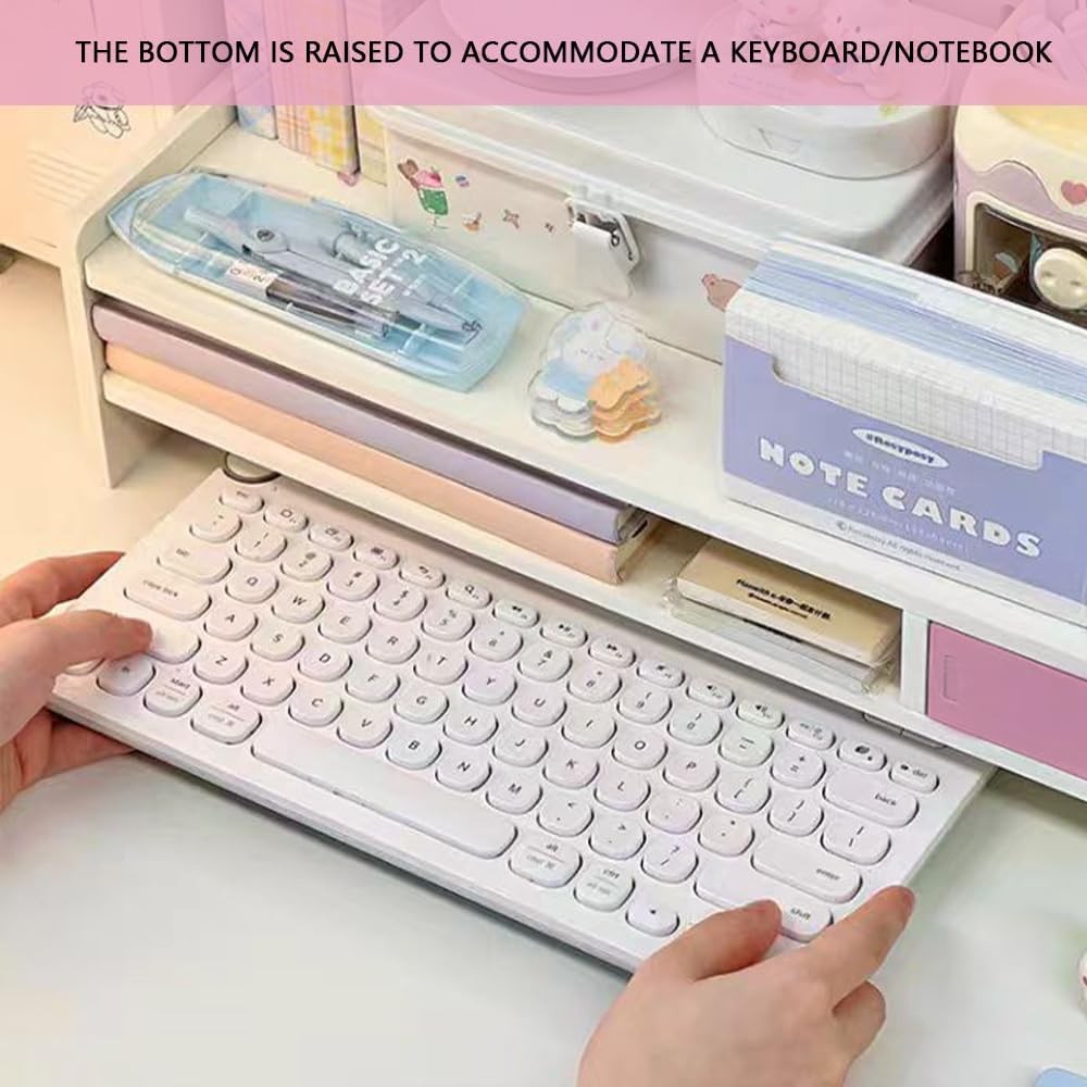 Two Tier Computer Desk Organizer Monitor Stand with Drawer, Desktop Printer Stand for PC, Laptop, Imac, Notebook, Office Desk Storage with 1 PCS Drawer image number 3