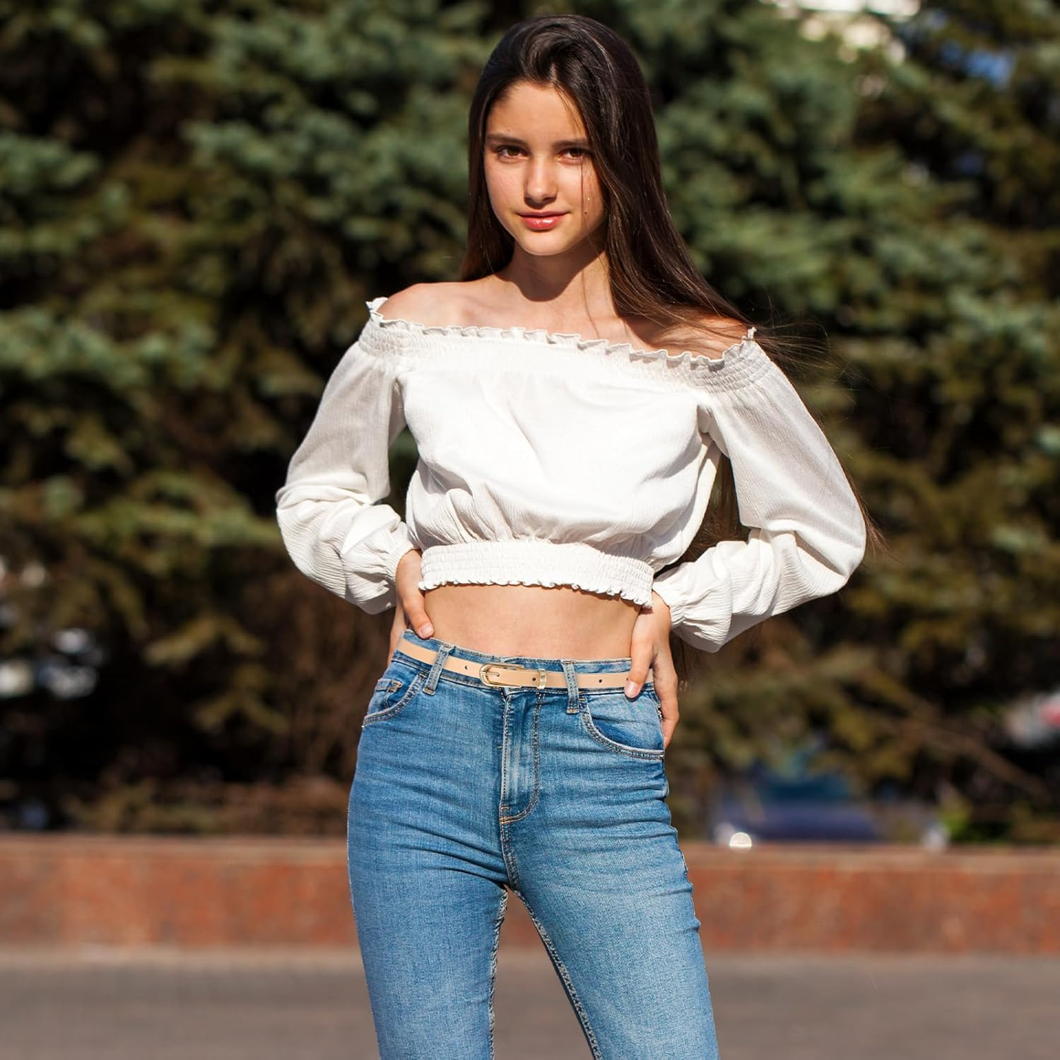 Wanmu 4 Pack Women Skinny Leather Belts for Jeans, Thin Waist Belt with Metal Buckle for Ladies, Dresses, Pants (39 Inches, White, Black, Cream Color, Coffee) image number 3