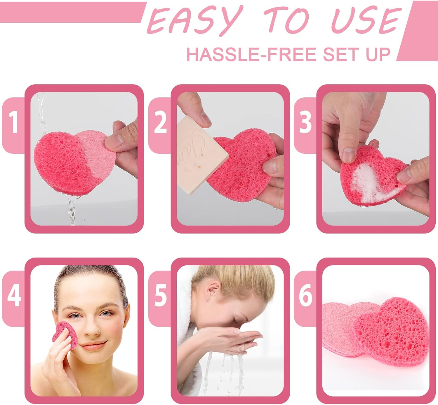 WLLHYF 20 Pieces Compressed Facial Sponges Natural Cellulose Facial Cleaning Sponges Professional Cosmetic Spa Sponges for Face Cleansing Makeup Removal Pore Exfoliating (Heart-Pink) image number 1