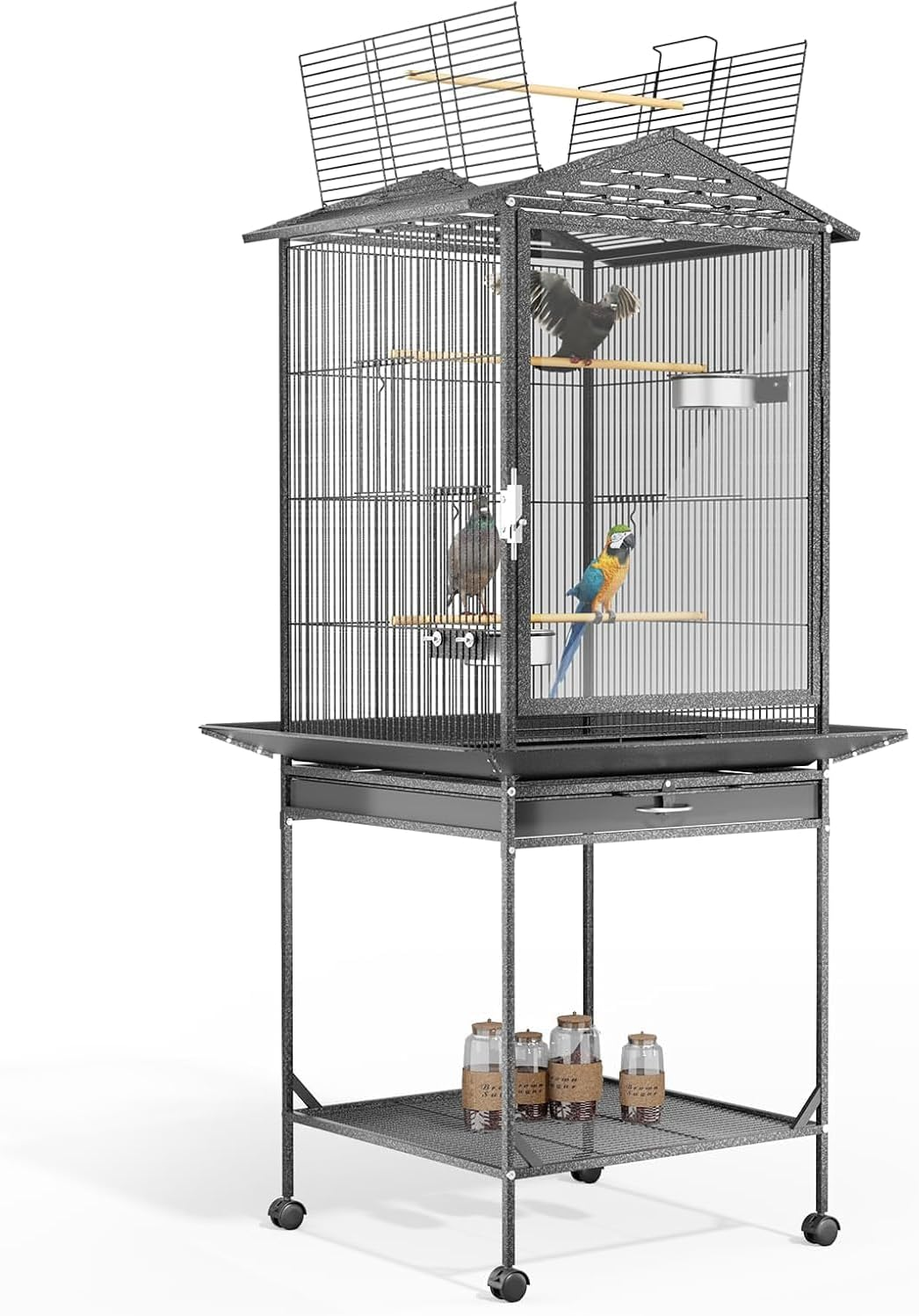 Bird Cage 46 X 46 X 136Cm Large Guinea Pig Pet Birds Parrot Ferret Cages Aviary Budgie Finch Canary Stand Toys,Black 2 Perch with Wheels W/Brake + Slide-Out Removable Tray image number 6