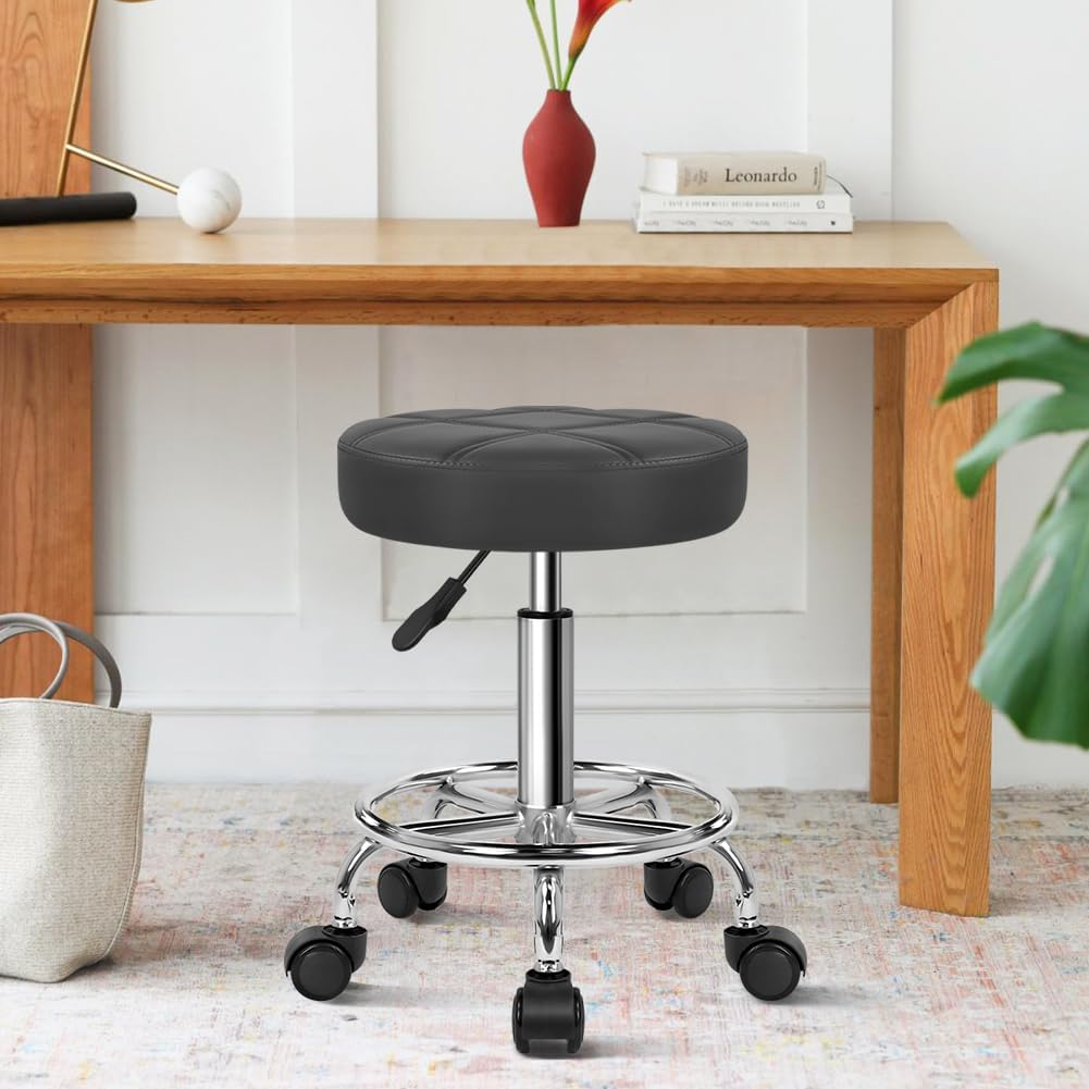 WKWKER PU Leather round Rolling Stool Swivel Height Adjustment Home Office Stool Drafting Lab Kitchen Massage Stools with Wheels Office Chair (Gray) image number 4