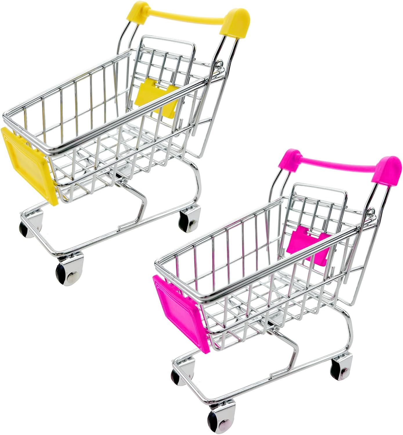 2 PCS Mini Shopping Cart, Trolley, Grocery Basket for Desktop Decor, Make up Holder Rack Storage (Yellow+Pink)