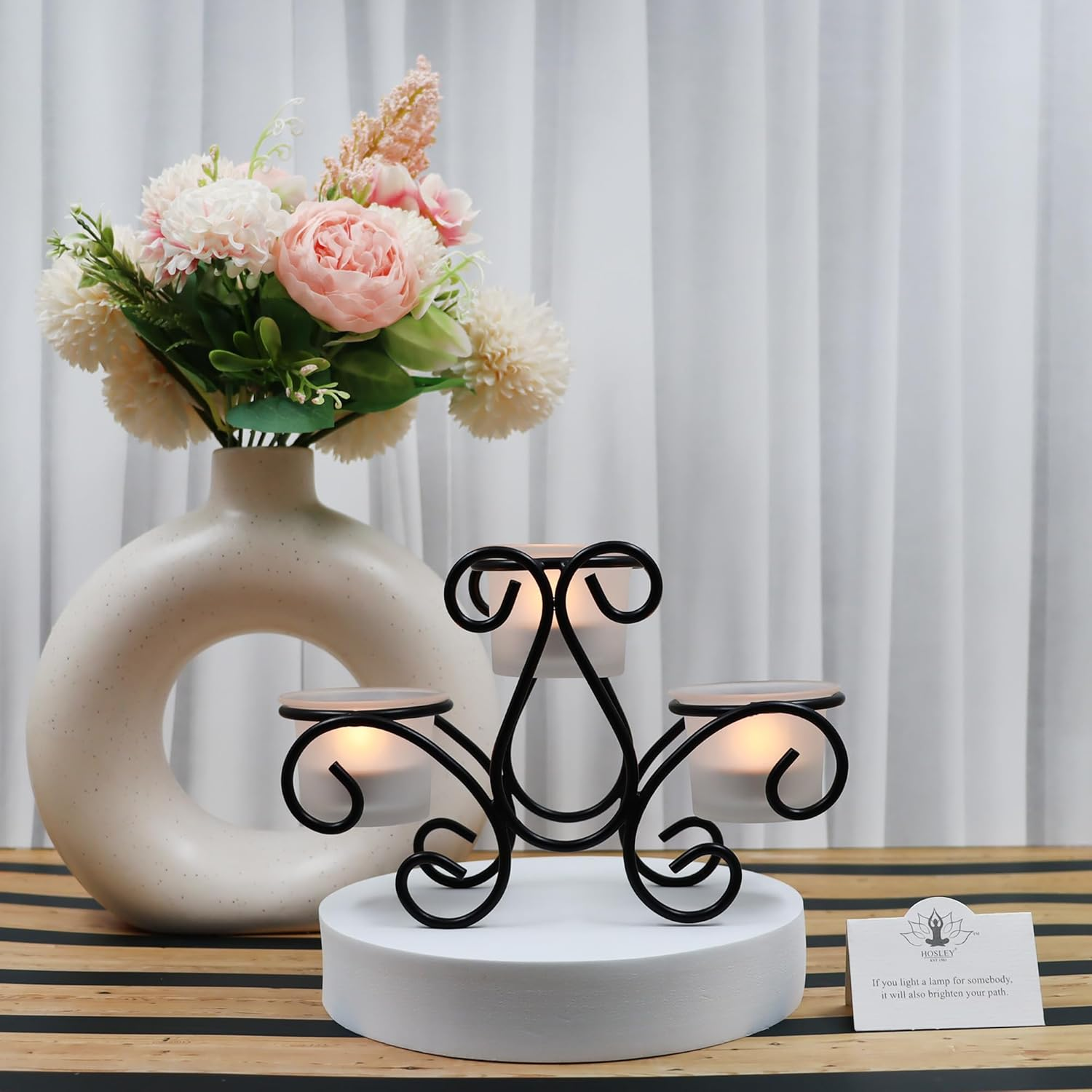 Hosley&reg; Frosted Glass Tealight Candle Holders Black Tealight Candle Holders with Glass Holders Perfect for Home Decor, Birthday, Wedding, Parties, Tabletop, Centerpiece