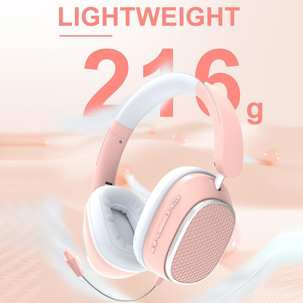 AYI Premium Active Noise Cancellation Bluetooth Headset over Ear Headphones with Detachable Microphone Hifi Stereo Sound Rechargeable Game Headphone Compatible with Smartphone/Tv/Pad/Laptop-Pink - Headset M12 Pink image number 2